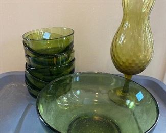 Vintage Avocado Glass Bowl and serving bowls, $25; Amber Glass Vase, $12