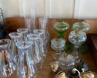 Oil Lamp Lot , 5 Oil Lamps, 10 Chimneys, 5 metal wick holders $235