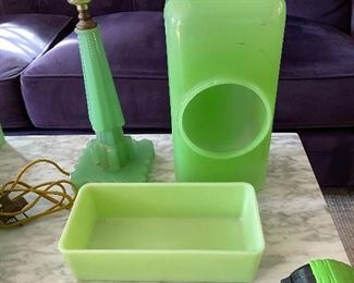 Art deco Jadeite lamp, $150, Water dispenser $195 (see following pics, covering included (PENDING), Refrigerator box no top $25