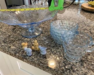 Large Blue Glass Bowl Left $15, Creamer & sugar set $12; little figurines $5 