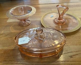 Pink & gold pedestal dish $15, Pink & gold candy dish $15; Covered pink candy dish $12