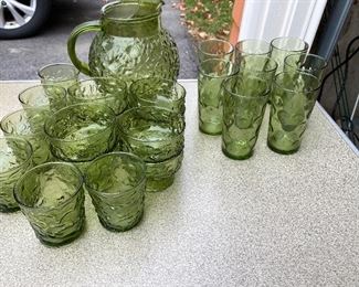 Anchor Hocking Lido Milano Green Textured Water Pitcher and Glasses $45 (see lot Part 1)