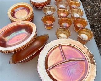 Lot...Vintage Marigold Carnival Glass Divided Bowl 12" , 4 Bowls, 12  Small Bowls , 12 Custard Cups $48