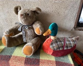 Vintage bear with moveable limbs $65; mallard $25