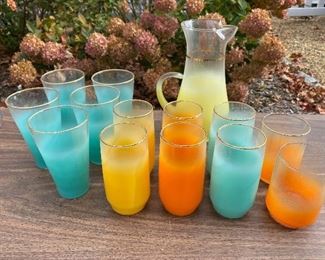 Colorful Vintage Frosted Glassware and Pitcher $48