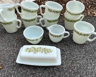 Pyrex Green & White Mug set, creamer & sugar and butter dish lot, $40