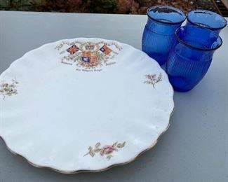 Royal Jubilee Platter $15; 3 blue vases $12