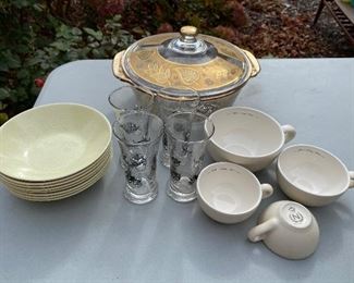 Yellow plastic bowls $15; Covered Bowl $ 18; 4 mugs from small to large $10; 4 novelty glasses $8