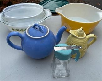 Pyrex covered dish $15, Yellow Pyrex bowl $18; tea pot $8; Honey pot $8; Syrup $5