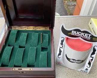 Wooden watch box $10, bucket of mustaches $3(pending)