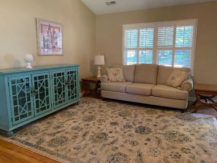 #1	Bassett sofa from Reflections Home Furnishings 87"	 $300.00 
#2	Thomasville end table 22"x28"x211" 2@$75 each	 $150.00 
#3	Lightly distressed cabinet from Reflections Home 72"x18"x39" Furnishings	 $300.00 
#4	Rug  8'x10'	 $75.00 
