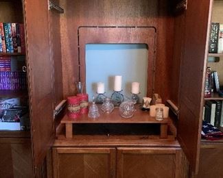 #19	Center entertainment armoire 42"x21"x75" $50 individually. Side cabinets 25.5"x17"x70" 2@$50 each individually. Or three piece set $100 	