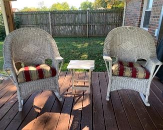 #25	White wicker rocking chair with cushion 2@$40 each
#26	White side table 	 $10.00 
