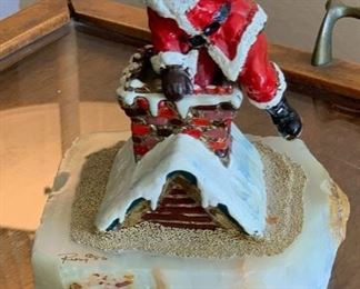 Ron Lee Last Stop Santa Claus in Chimney Brass & Onyx Sculpture 6x4.4x4in