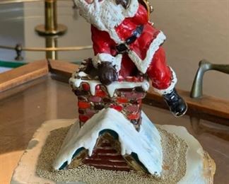 Ron Lee Last Stop Santa Claus in Chimney Brass & Onyx Sculpture 6x4.4x4in