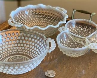 3p Fenton Hobnail White Opalescent Bowls/Dish Largest : 2.25x7.5x6.75in`