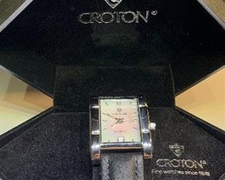 Croton Ladies watch, mother of pearl face, leather band, and box