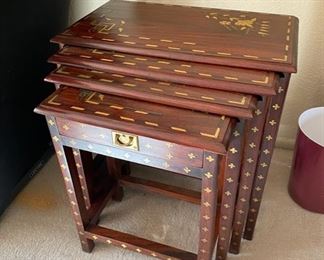 Ornate gold inlay nesting tables Largest: 20in x 11.5in x 20