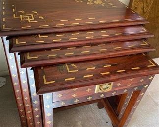 Ornate gold inlay nesting tables	Largest: 20in x 11.5in x 20	