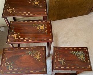 Ornate gold inlay nesting tables	Largest: 20in x 11.5in x 20	