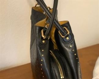 Coach Signature Leather Edie Lg Shoulder Bag Gold Rivets BLACK	11x14x6in 8in handle drop	HxWxD