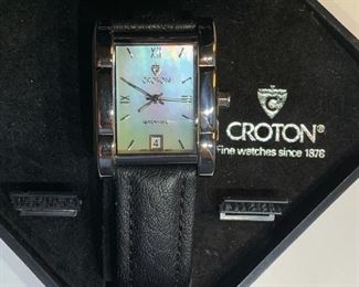 Croton Ladies watch, mother of pearl face, leather band, and box	