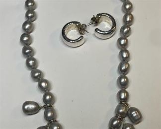 SSD 925 Chunky Gray Beads and Silver necklace and earring Set