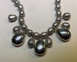 SSD 925 Chunky Gray Beads and Silver necklace and earring Set