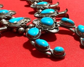 Vintage Navajo Sterling Silver & Turquoise Squash Blossom Necklace	Hang: 15.5in. Length: 27in Naja:2.5x2.5in