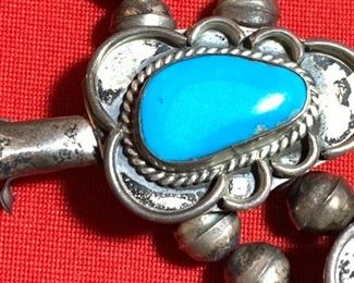 Vintage Navajo Sterling Silver & Turquoise Squash Blossom Necklace	Hang: 15.5in. Length: 27in Naja:2.5x2.5in