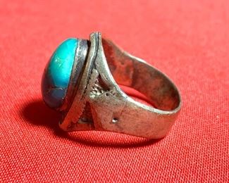 Vintage Navajo Sterling Sterling & Turquoise Ring Signed JP	SZ: 9  3/4in wide	