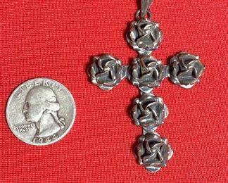 Vintage Sterling Silver Mexico Rose/Flower Cross 925  Pendant	2.5in x 1.5in	