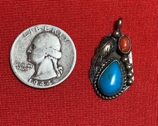 Vintage Navajo Sterling Silver Turquoise Coral Pendant Signed VJ	1.25x.75in	