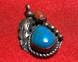 Vintage Navajo Sterling Silver Turquoise Coral Pendant Signed VJ	1.25x.75in	