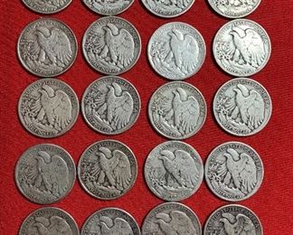 Lot of 20 Pre 1945 Walking liberty Half Dollar Coins	Each 12.39 G of 900 Silver	
