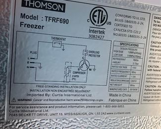 Thomson 6.5 cu ft Freezer TFRF690	56x21.5x22.5in	HxWxD
