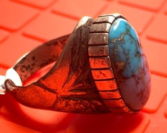 Sterling Silver Men’s Ring, Large Oval Turquoise stone (not marked)	Size  12.5     Center stone measure 3/4 Inch by 1/2 inch	
