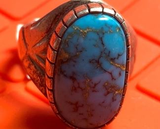 Sterling Silver Men’s Ring, Large Oval Turquoise stone (not marked)	Size  12.5     Center stone measure 3/4 Inch by 1/2 inch	

