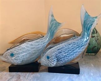 Pair signed Murano glass fish