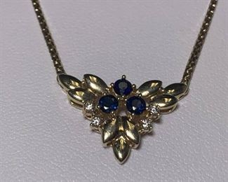 14k YG Vintage 3 Stone Sapphire and Diamond Necklace