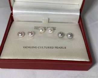 Set of 3 Sterling Genuine Cultured Pearl Earrings