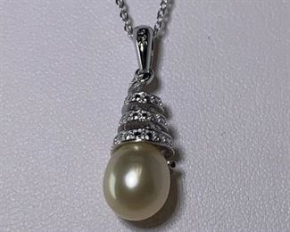 Sterling Silver Pearl Necklace with White Topaz