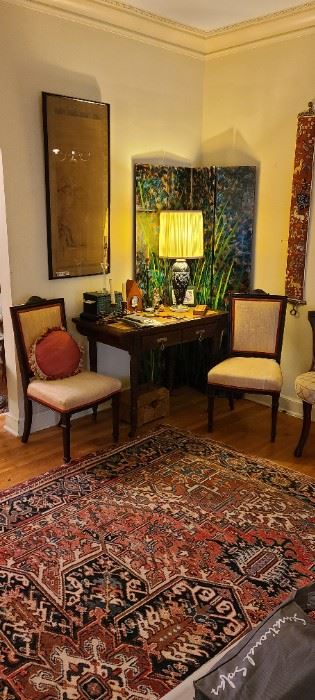  Beautiful Rug
Pair of Antique chairs
Antique desk
Hand Painted Floor Screen