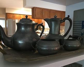 Metal coffee set with tray.