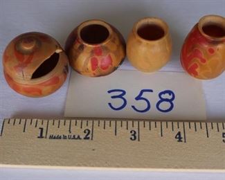 358 - Three good vessels Now $8.  Was $15 plus 1 damaged lid (bowl ok) Tagua carved nuts and hand colored