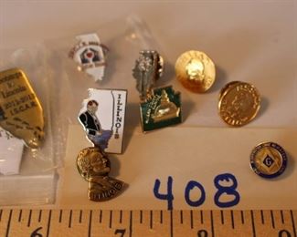 408 - Group Lincoln & IL pins, Now $4.  Was $5. McLean County, etc.