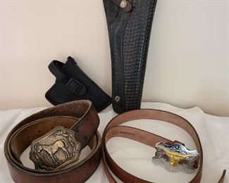 Leather belts with Buckles.  Vintage leather gun holster and small soft holster