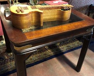 Glass Top End Table, $145; Handmade Ukelele Box, $60