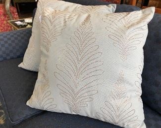Pair Pale Blue Pillows, $50, shiny studs in fern pattern