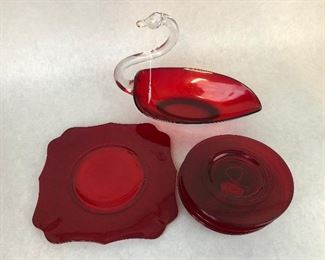 Ruby Glass Cake Plate set, $25; Ruby Glass Swan Center Bowl, $25